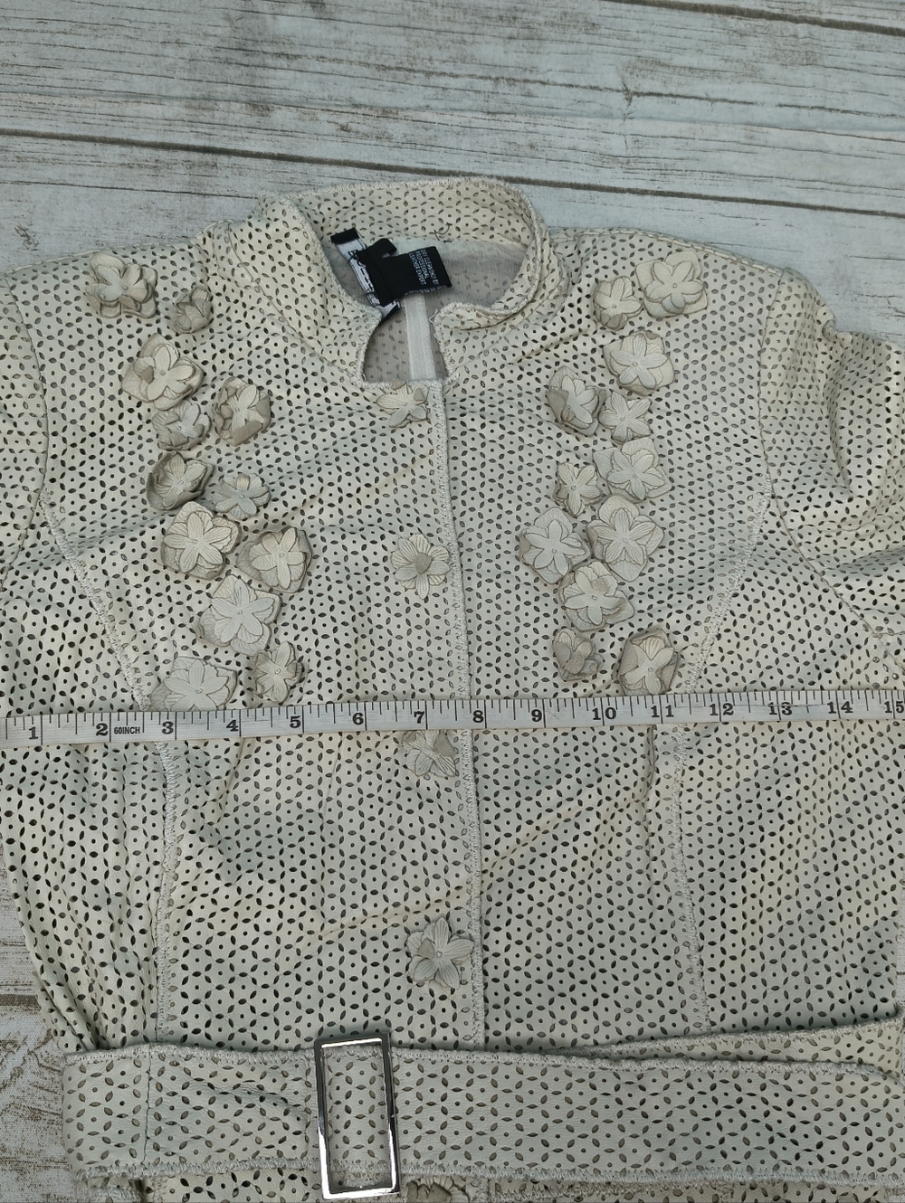 Etcetera Leather And Silk Cream Perforated Flower Embellished Dress Size 4 - Picture 10 of 11
